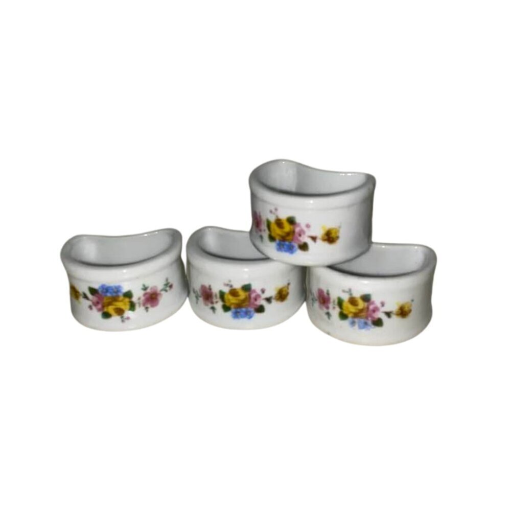 Porcelain White and Floral Shabby Chic Style Vintage Napkin Rings Set Of 4 - Picture 1 of 5